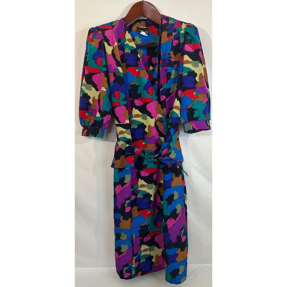 Vintage Breli Originals Women's Double Breast Belted Multi-color Dress Size 12